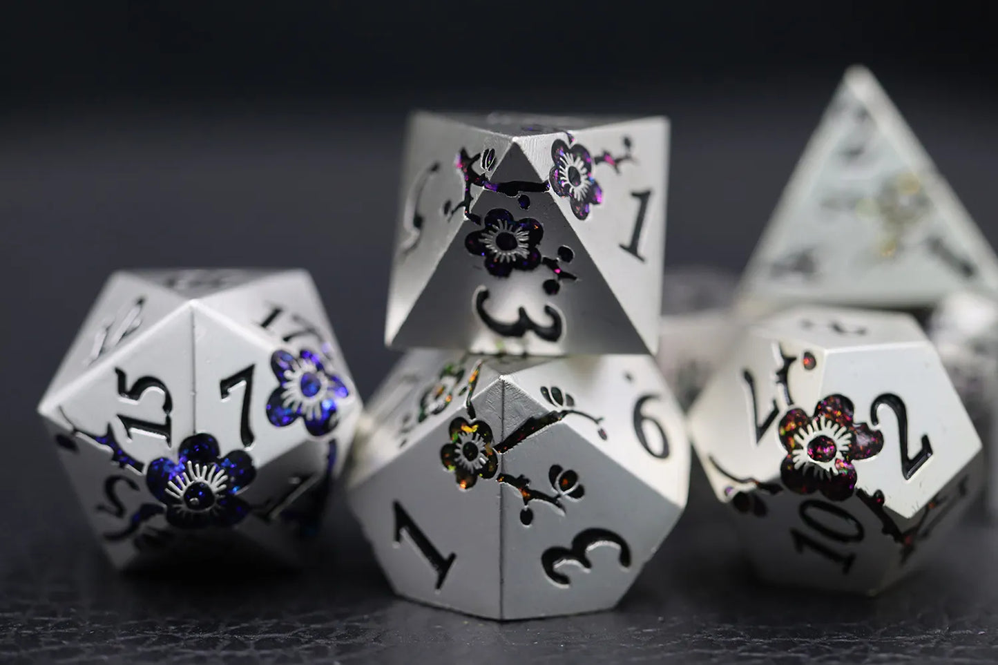 7 Colour Blossoms on Pearl Silver Metal Dice Set