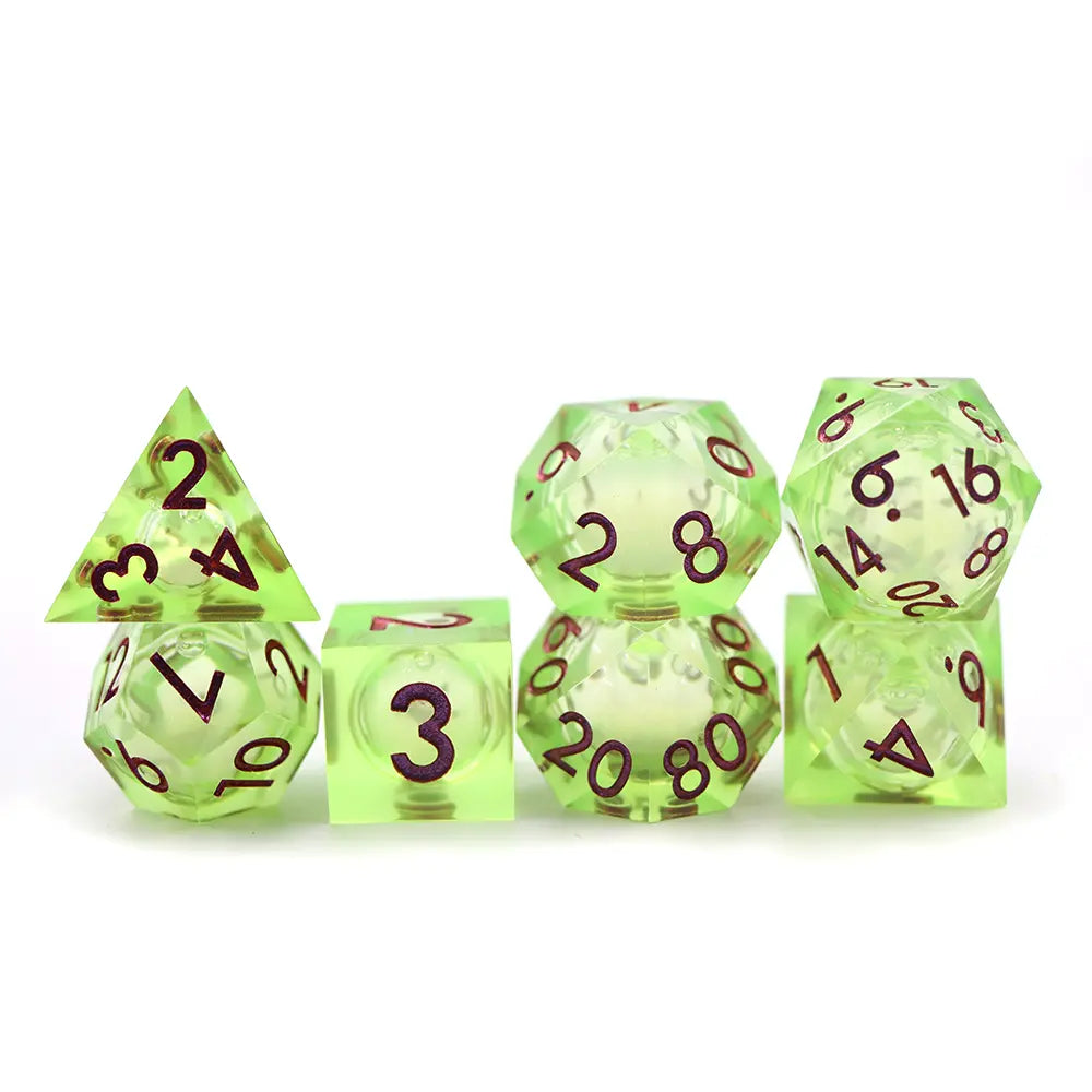 Fluorescent Green Sharp Edged with Liquid Core Dice Set