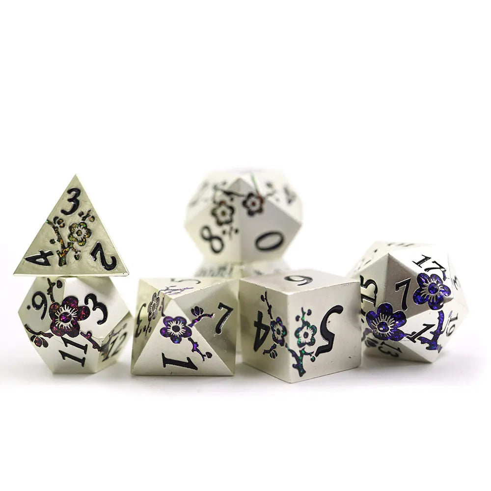 7 Colour Blossoms on Pearl Silver Metal Dice Set