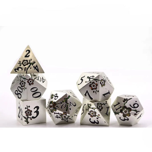 Orange and Gold Blossom on Pearl Silver Metal Dice Set