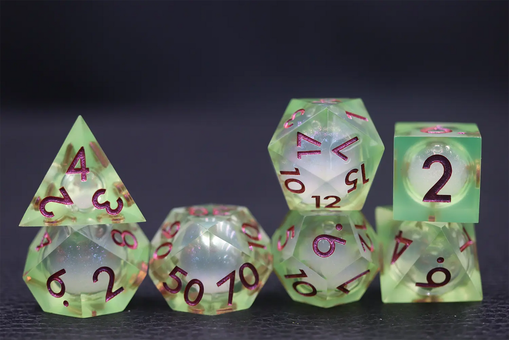 Fluorescent Green Sharp Edged with Liquid Core Dice Set