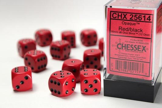 CHX25614: Opaque Red/black 16mm d6 Dice Block (12 dice)