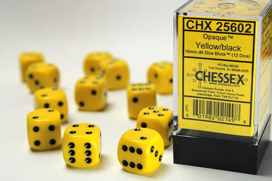 CHX25602: Opaque Yellow/black 16mm d6 Dice Block (12 dice)