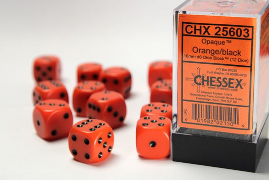 CHX25603: Opaque Orange/black 16mm d6 Dice Block (12 dice)