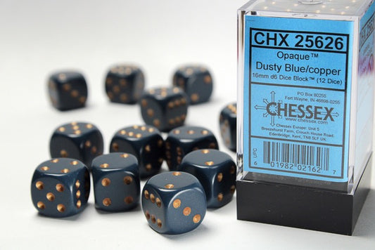 CHX25626: Opaque Dusty Blue/copper 16mm d6 Dice Block (12 dice)