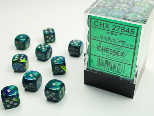 CHX27845: Festive Green/silver 12mm d6 Dice Block (36 Dice)