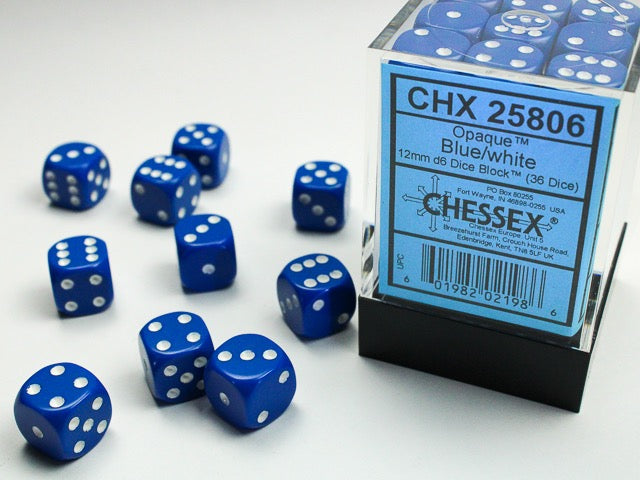 CHX25806: Opaque Blue/white 12mm d6 Dice Block (36 dice)
