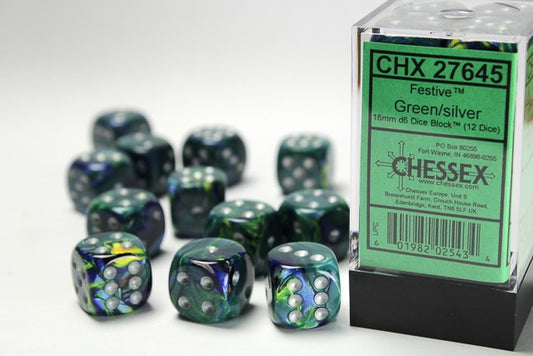 CHX27645: Festive Green/silver 16mm d6 Dice Block (12 dice)