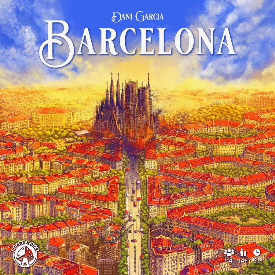 Board game cover for 'Barcelona' by Dani Garcia, featuring a vibrant, stylized illustration of the city with Sagrada Ifigenia, red-roofed buildings, and a golden sky.