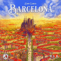 Board game cover for 'Barcelona' by Dani Garcia, featuring a vibrant, stylized illustration of the city with Sagrada Ifigenia, red-roofed buildings, and a golden sky.