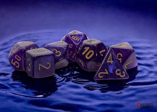 [PREORDER 23 OCT] CHX22587: Borealis Royal Purple/gold Mega-hedral Luminary Polyhedral Dice Set