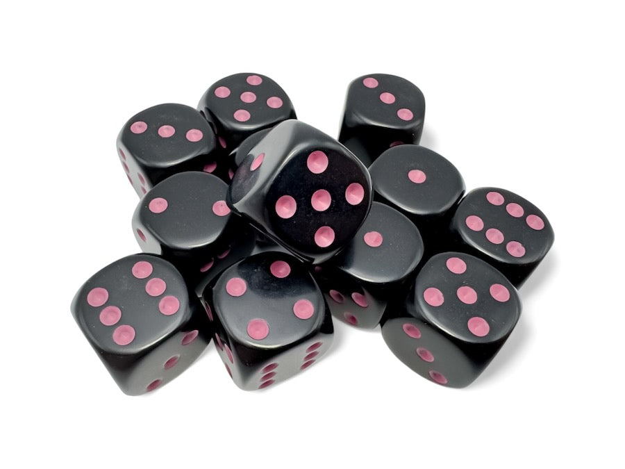 [PREORDER OCTOBER] CHX25648: Opaque Black/pink 16mm d6 Dice Block (12 dice)