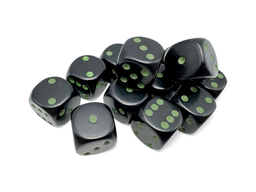 [PREORDER OCTOBER] CHX25658: Opaque Black/green 16mm d6 Dice Block (12 dice)