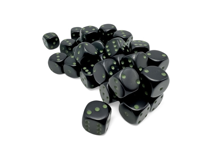 CHX25858: Opaque Black/green 12mm d6 Dice Block (36 dice)