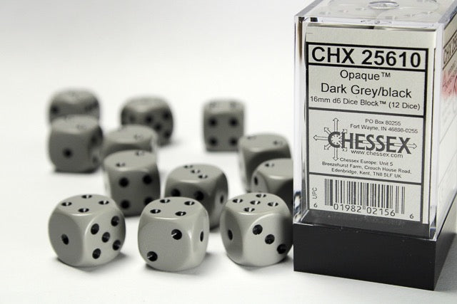 CHX25610: Opaque Dark Grey/black 16mm d6 Dice Block (12 dice)