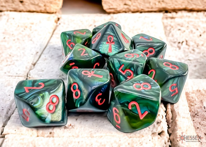 CHX29025: Ankh Jade/red Scarab Set of Ten d10's