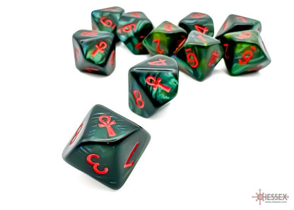 CHX29025: Ankh Jade/red Scarab Set of Ten d10's