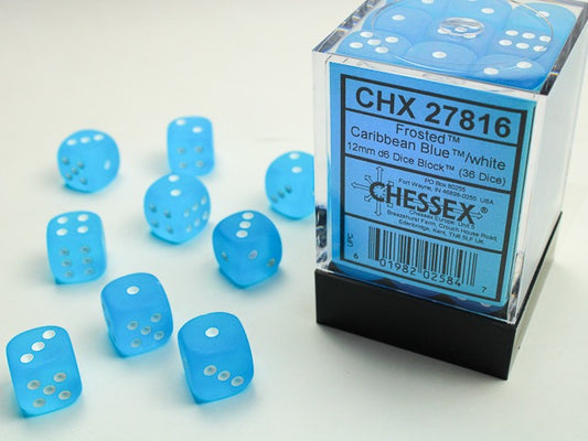 CHX27816: Frosted Caribbean Blue/white 12mm d6 Dice Block (36 dice)