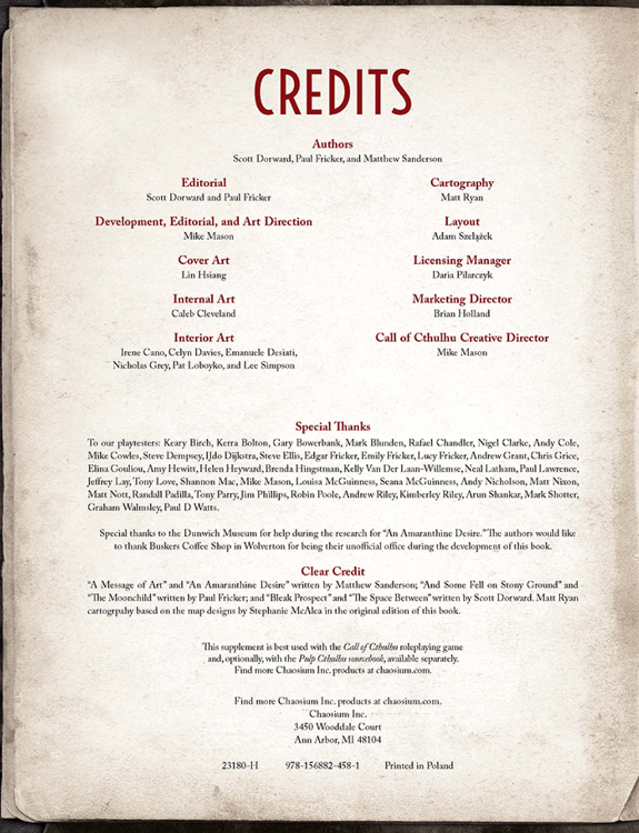 Credits page with text on a textured beige background