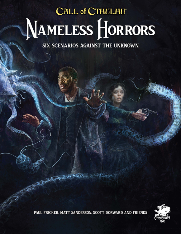 Cover art for 'Call of Cthulhu: Nameless Horrors 2nd Edition' role-playing game booklet, featuring dark illustrations of a human figure and a large, tentacular creature in a dark setting.