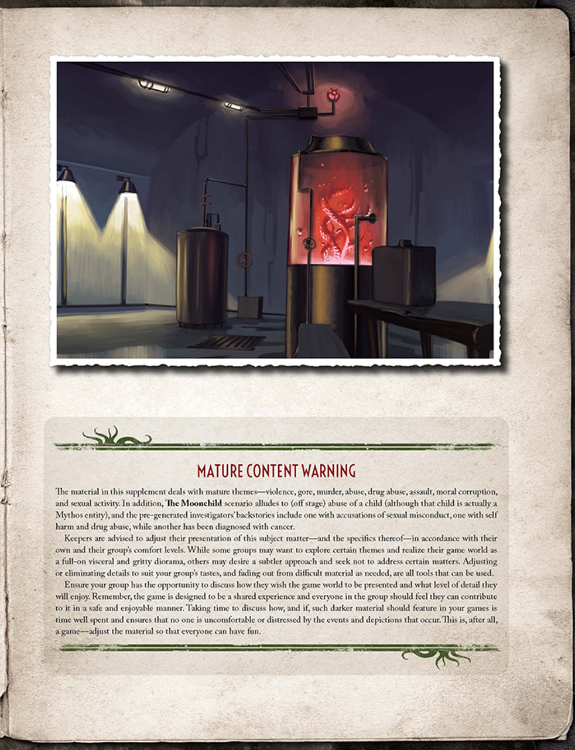 Mature content warning label on a textured background with a photograph of a room.