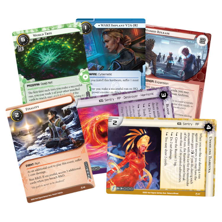 Collection of trading cards with various designs and text on a white background