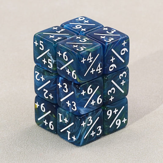 Set of blue and green dice with mathematical symbols on a light gray background