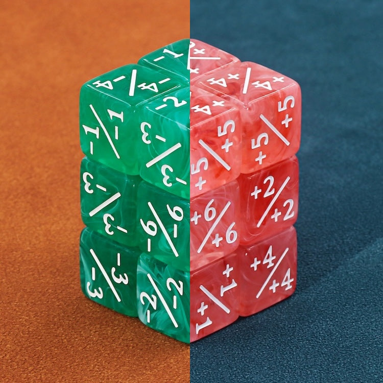 Watermelon Counter Dice (16mm Set of 10 - 5 Negative Green, 5 Positive Pink)