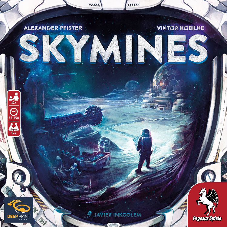 Cover art for the board game Skymines, featuring a space-themed mining base and a figure looking off into the distance.