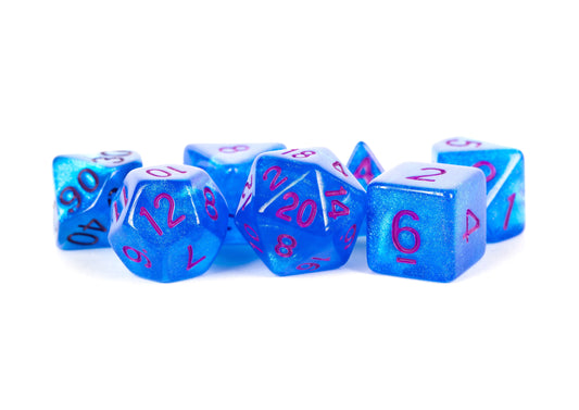 MDG Polyhedral Acrylic Dice Set 16mm - Stardust Blue with Purple Numbers
