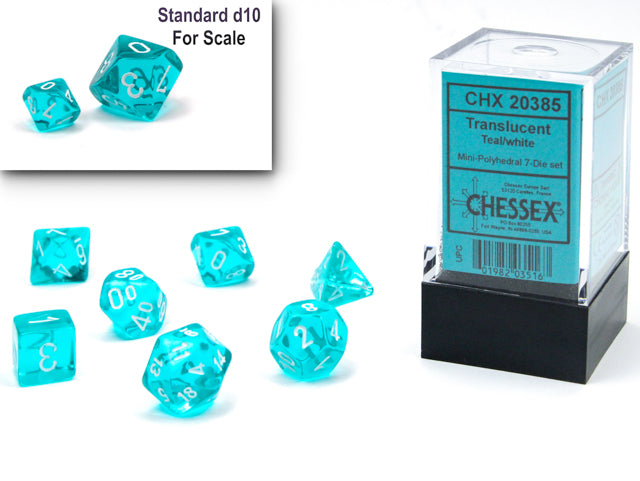 CHX20385: Teal/white Translucent Mini-Polyhedral 7 Dice Set