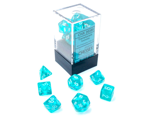 CHX20385: Teal/white Translucent Mini-Polyhedral 7 Dice Set