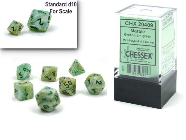 CHX20409: Green/dark green Marble Mini-Polyhedral 7 Dice Set