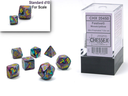 CHX20450: Mosaic/yellow Festive Mini-Polyhedral 7 Dice Set