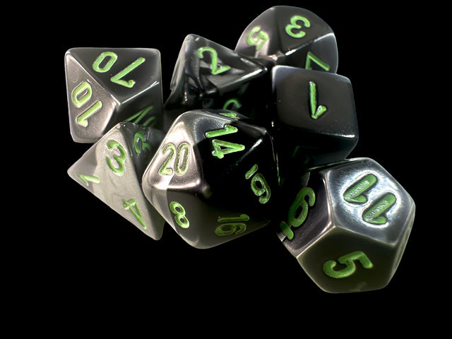CHX20645: Gemini Black-Grey/green Mini-Polyhedral 7-Die Set