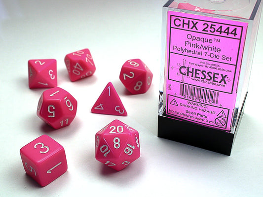 CHX25444: Pink/white Opaque Polyhedral 7 Dice Set