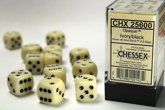 CHX25600: Opaque Ivory/Black 16mm d6 (12 Dice)