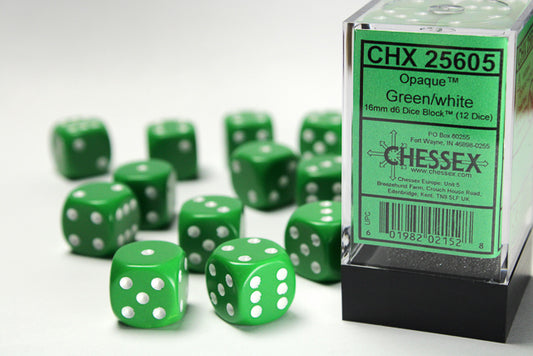 CHX25605: Green/White Opaque 16mm d6 (12 block) Dice Set