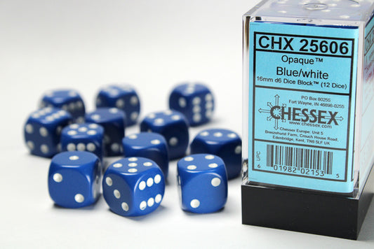 CHX25606: Blue/White Opaque 16mm d6 (12 block) Dice Set