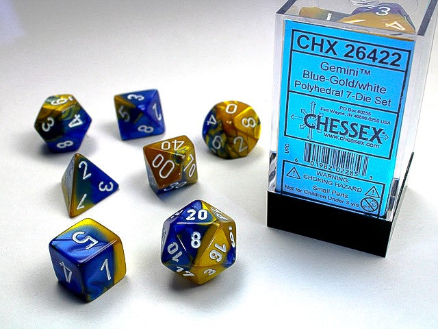 CHX26422: Gemini Blue-Gold/White Polyhedral 7 Dice Set