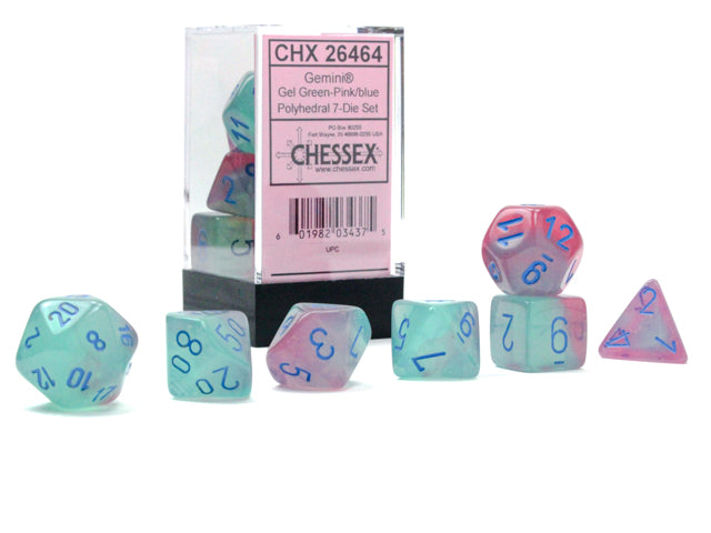 CHX26464: Gemini Gel Green-Pink/blue Luminary Polyhedral 7 Dice Set