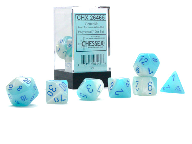 CHX26465: Gemini Pearl Turquoise-White/blue Luminary Polyhedral 7 Dice Set