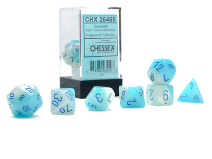 CHX26465: Gemini Pearl Turquoise-White/blue Luminary Polyhedral 7 Dice Set