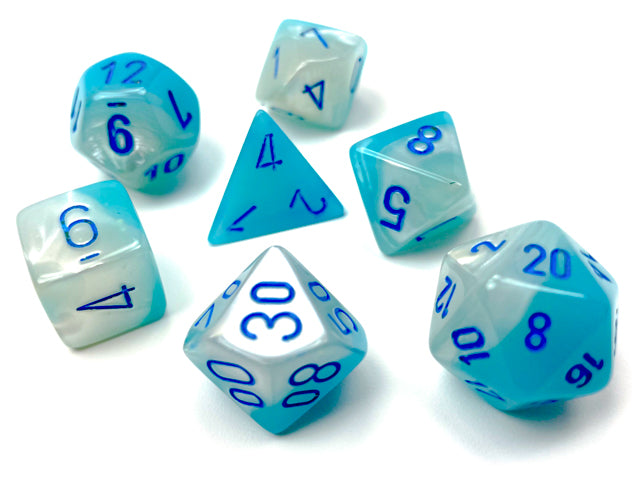 CHX26465: Gemini Pearl Turquoise-White/blue Luminary Polyhedral 7 Dice Set