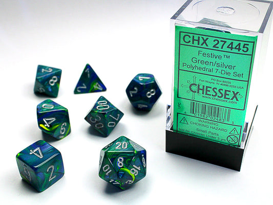 CHX27445: Green/Silver Festive Polyhedral 7-Die Set