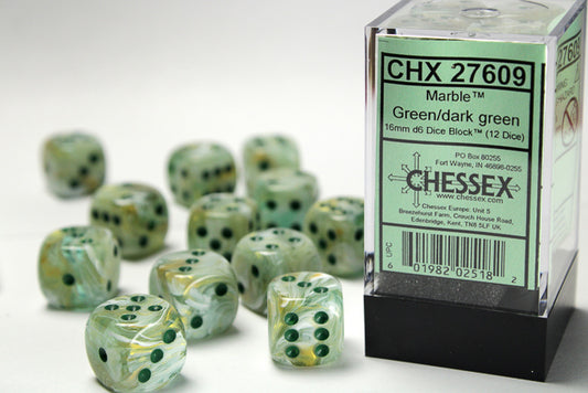 CHX27609: Marble Green/Dark Green 16mm D6 (12 block) Dice Set