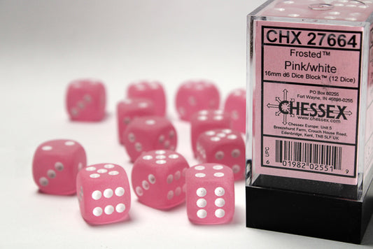 CHX27664: Frosted Pink/White 16mm d6 Dice Block (12 dice)