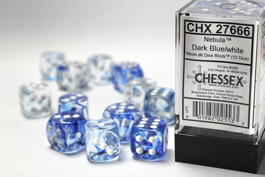 CHX27666: Nebula Dark Blue/White 16mm d6 Block (12 dice)