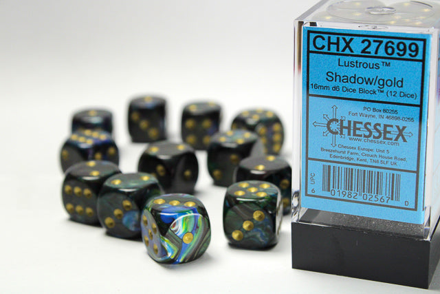 Lustrous Shadow/gold 16mm d6 Dice Block (12 dice)