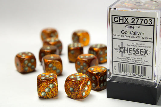 CHX27703: Glitter 16mm d6 Gold/silver Dice Block (12 dice)